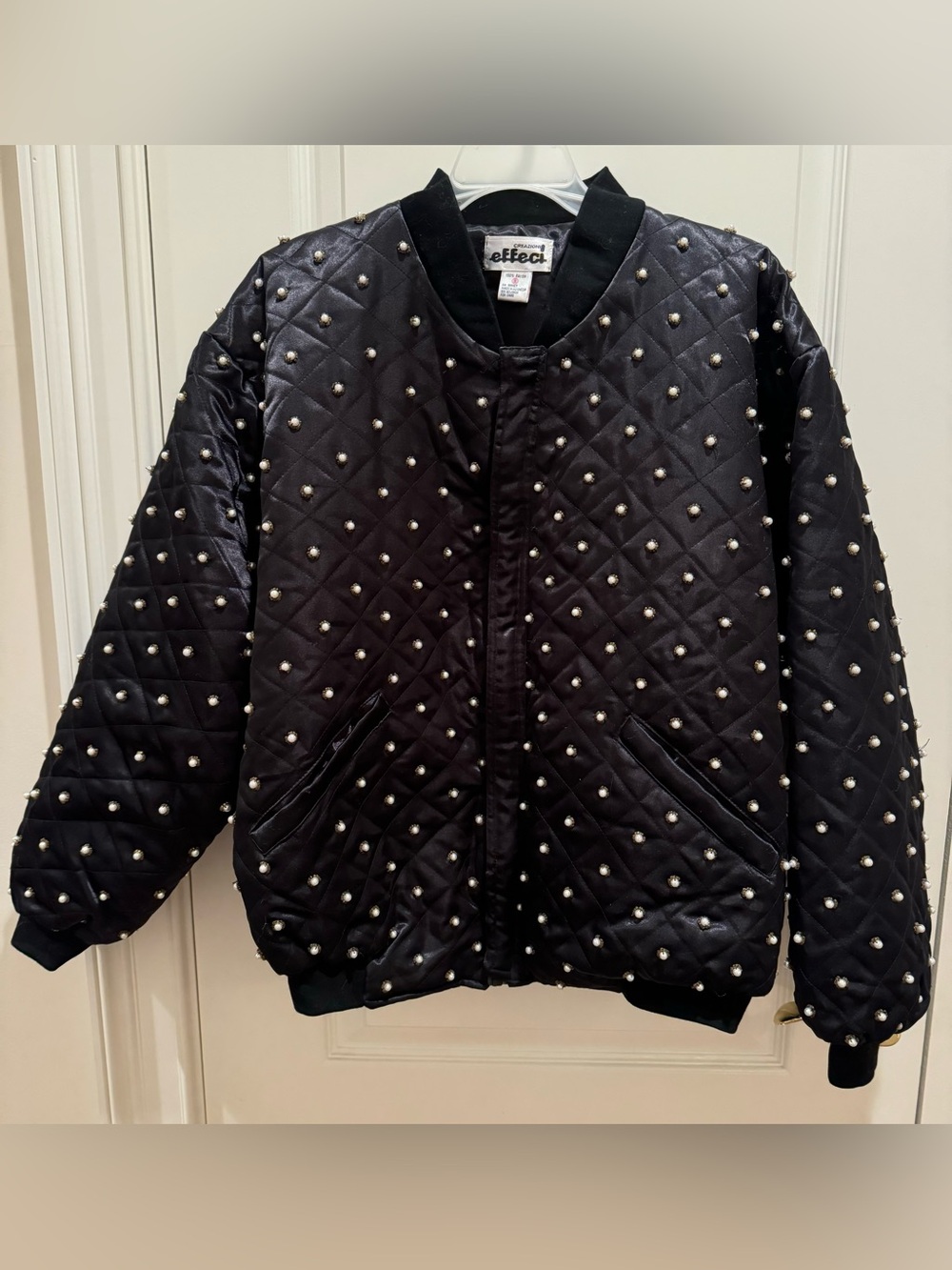 Women’s Pearl Studded Black Quilted Jacket by Creazioni Effeci - Size Small